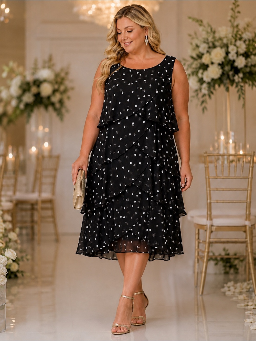236 SLNY Polka Dot Tiered Ruffle Chiffon Dress 16W Cocktail Wedding Gues